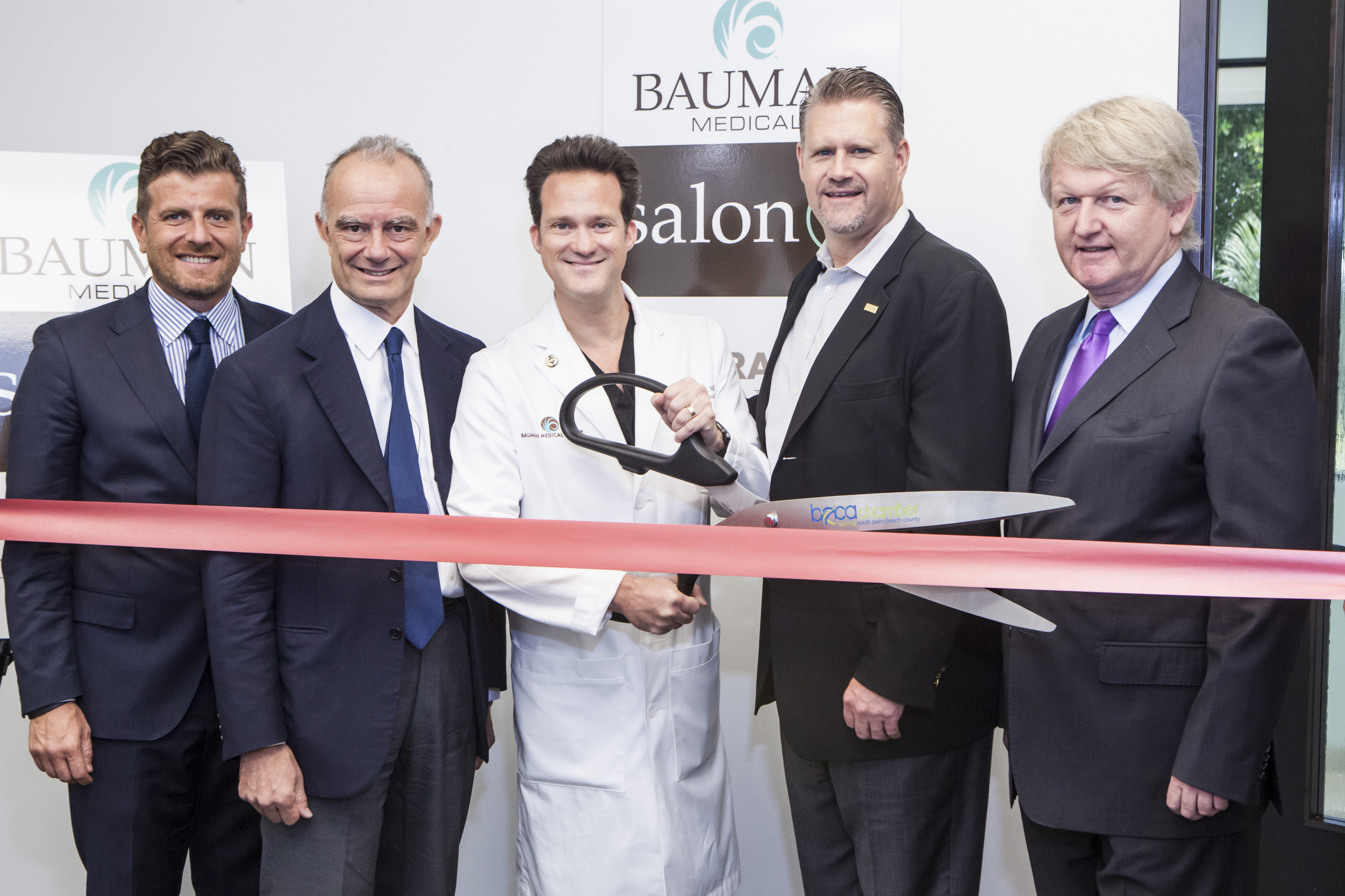 Official ribbon-cutting for  salonB at Bauman Medical Group. Dr. Alan Bauman with top executives from Cesare Ragazzi Laboratories and Troy McLellan, president/CEO of the Boca Raton Chamber of Commerce
