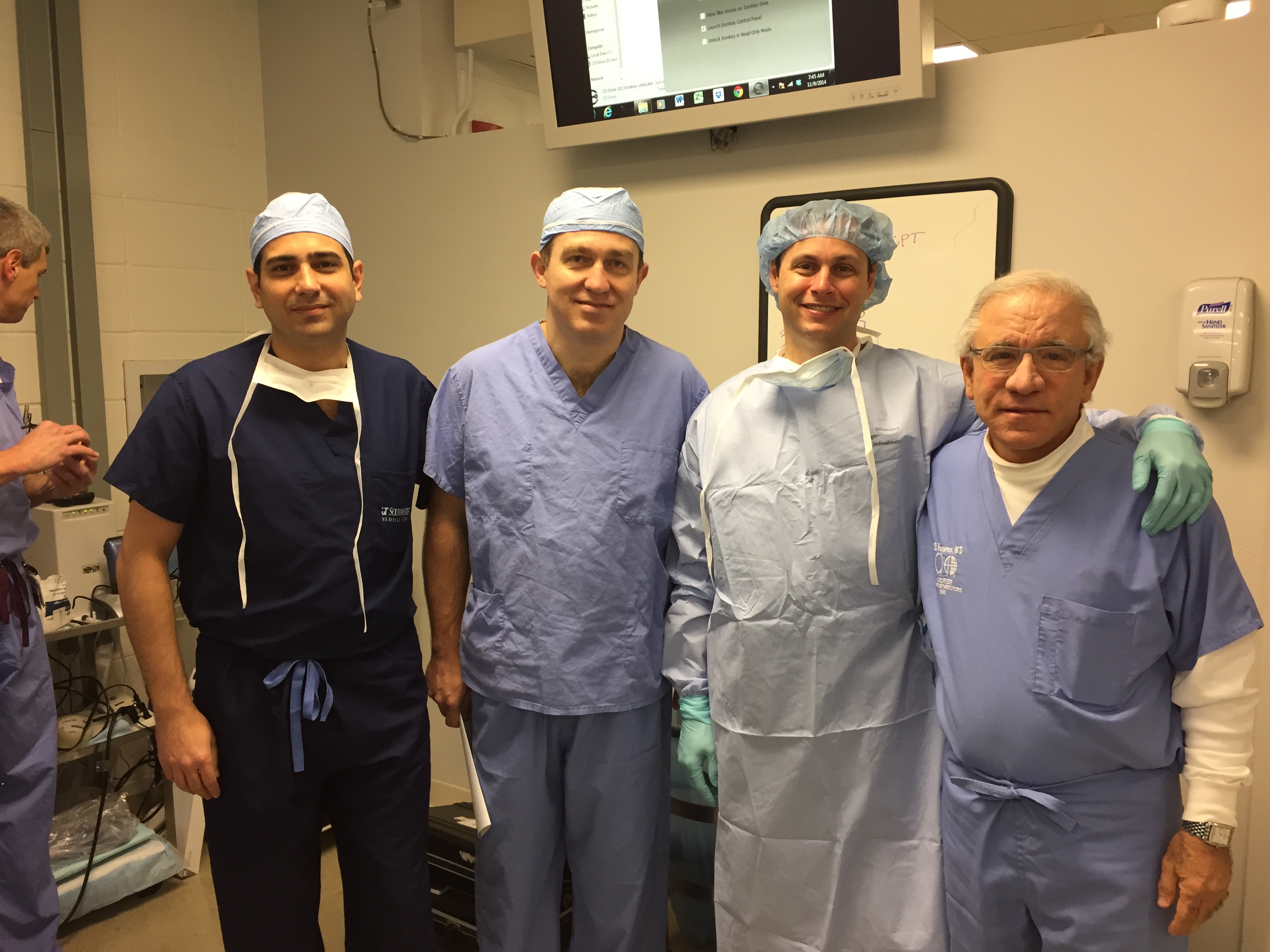 Migraine surgery experts collaborate in the cadaver lab; L to R: Dr. Bardia Amirlak, Dr. Ali Totonchi, Dr. Jeffrey Janis, Dr. Bahman Guyuron.