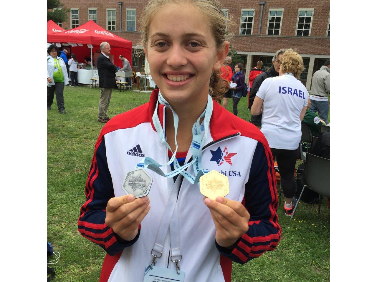 Baylee Scharf with 2 of the 6 medals she won at the 2015 Maccabi Games in Berlin Germany
