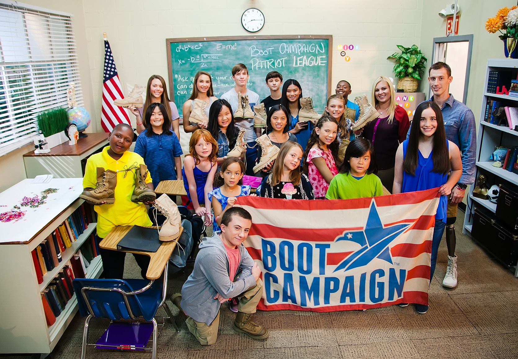Boot Campaign COO, Staff Sergeant (Ret.) Joey Jones and actor Atticus Shaffer (ABC's The Middle) with Students.
