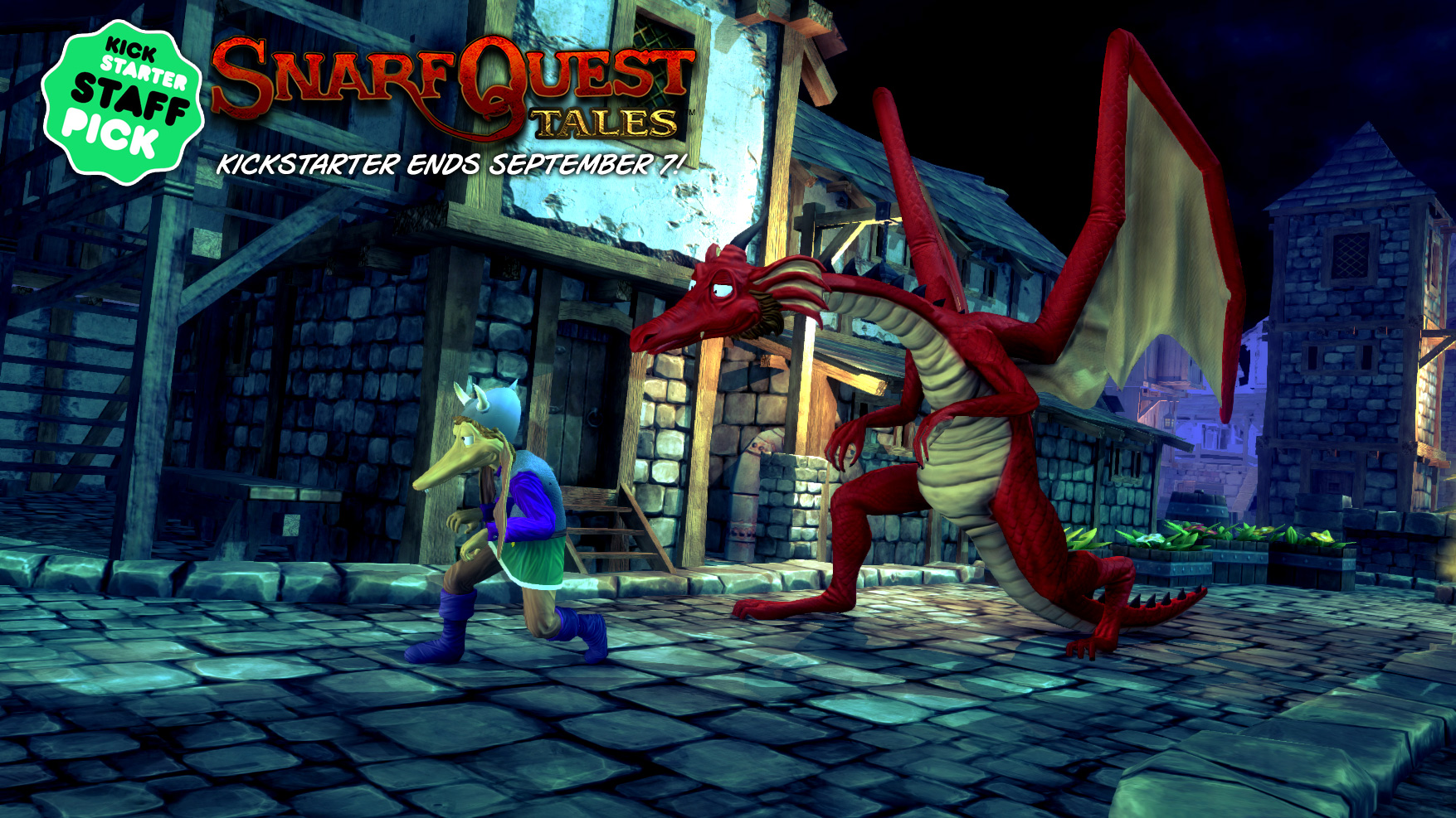 Snarf and Willie the Dragon running though town in SnarfQuest Tales