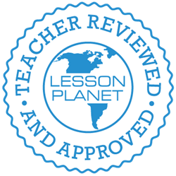 A seal of approval showing an Open Educational Resource (OER) on Teachwise Inspire has been evaluated, by hand, by an experienced credentialed teacher from Lesson Planet according to rigorous educational rubrics
