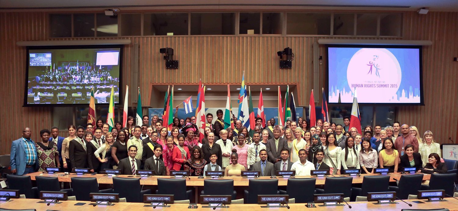 Bearing the flags of their countries, youth delegates from 33 nations are joined by UN staff, NGOs and other dignitaries at the 12th annual Human Rights Summit August 27-29, 2015, at the United Nation