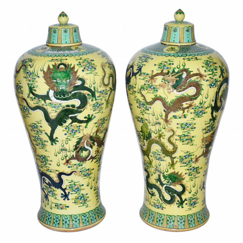 Lot 167, a pair of egg-yellow Meiping with 9 dragons