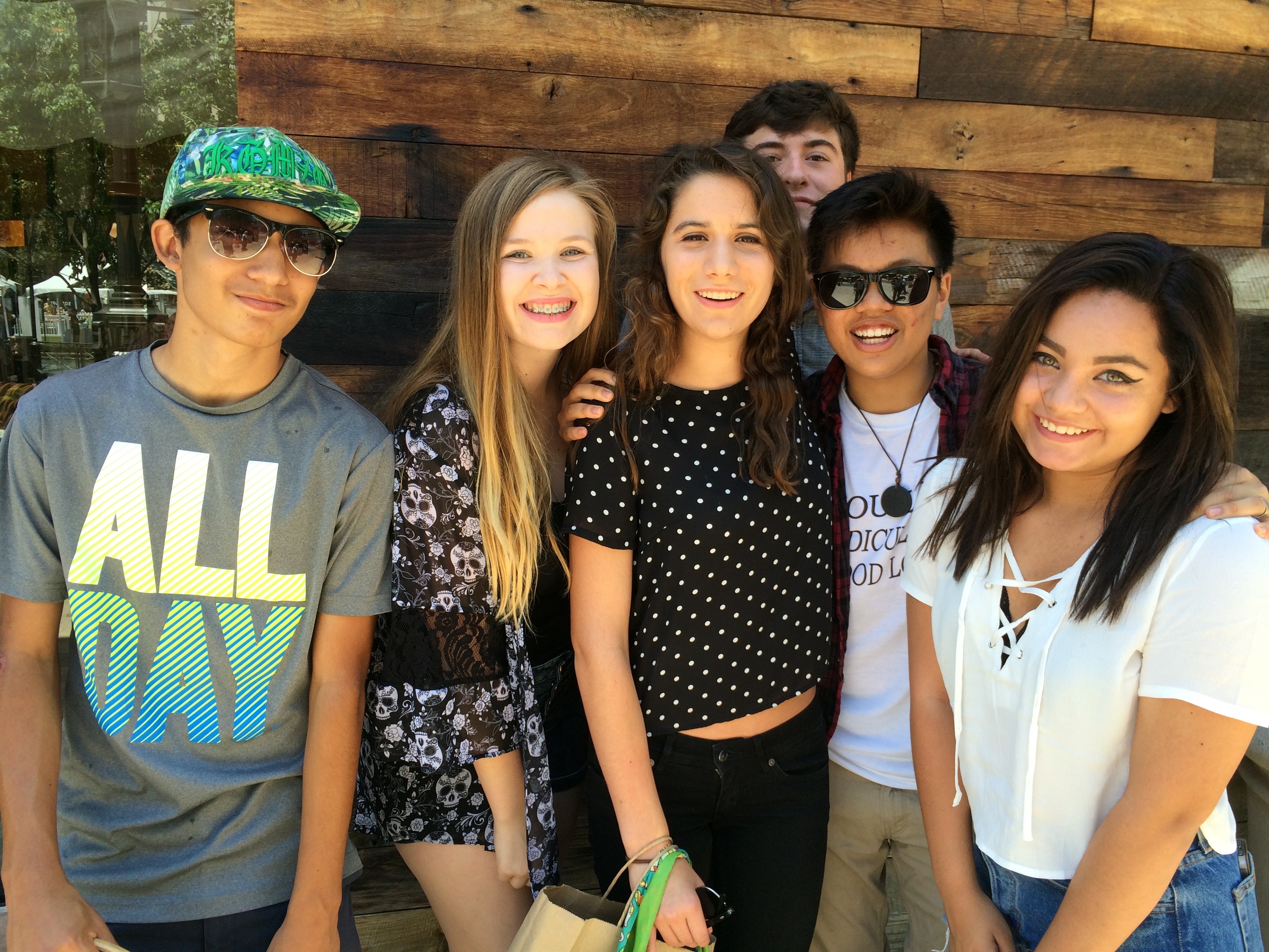 Anneke DiPietro (center) and her “Xirkl” of friends at the Americana in Glendale, CA. (From left) Sam Ankeny, Sara Schulze, Luke Ready, Skylar Jung and Holland Capps
