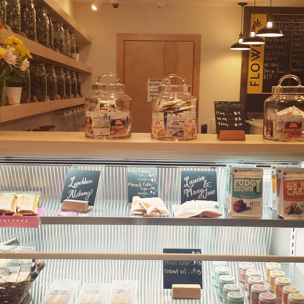 A range of flowers, edibles and extracts line the shelves at TJ's Organic Provisions
