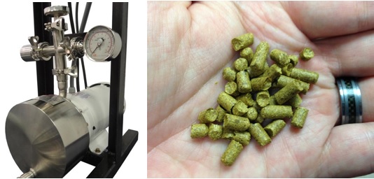 ShockWave Power™ Reactor in ApoWave System and typical brewing hop pellets.