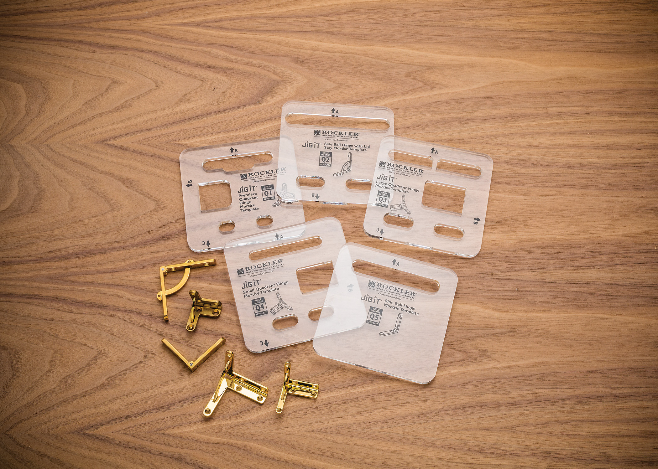 Various side rail and quadrant hinge mortise templates are available.