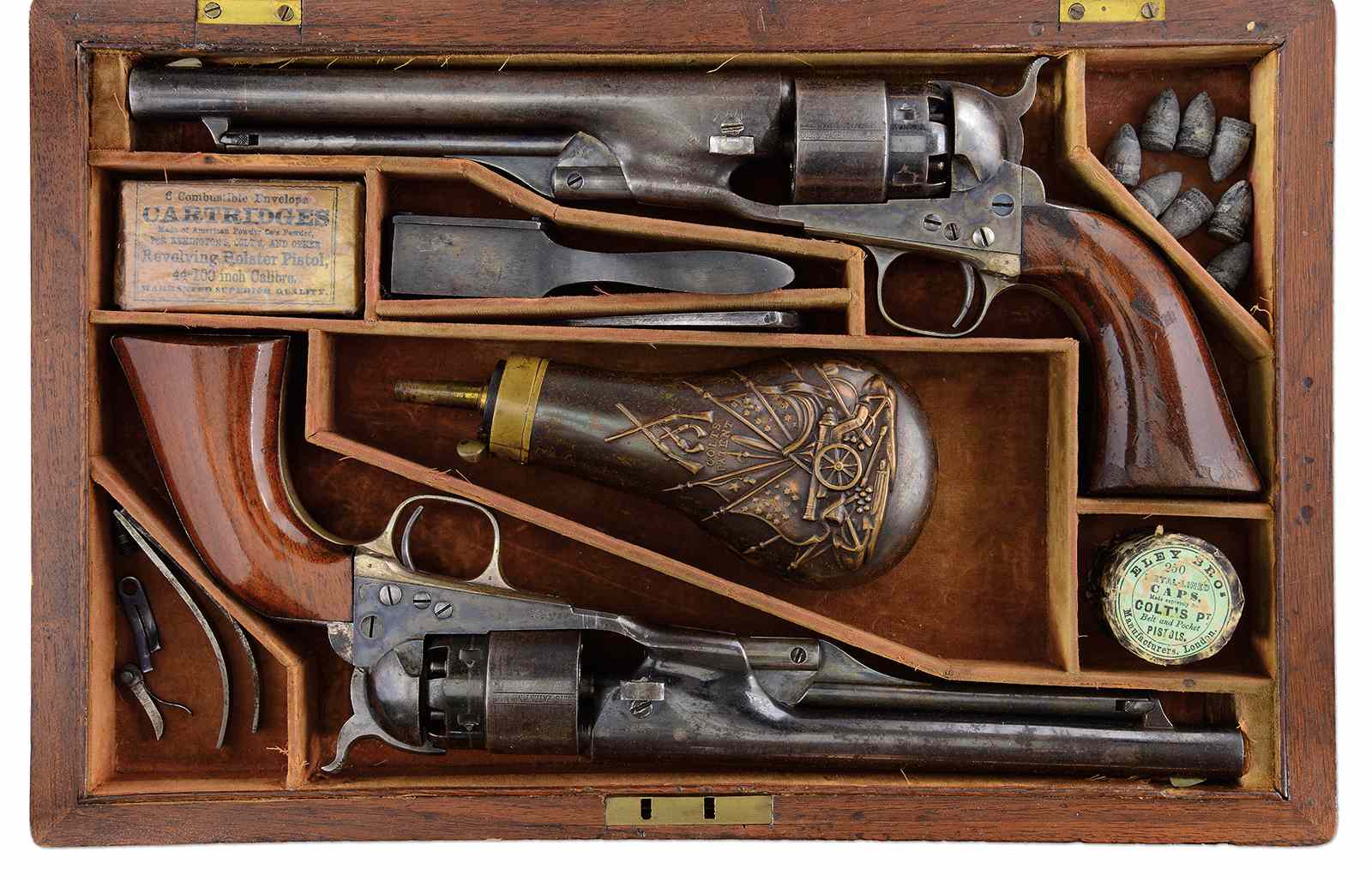 A set of M 1860 Colts presented to James Cameron, Commander of the 79th N.Y. Highlanders. Cameron was the brother of Simeon Cameron, Lincoln’s Secretary of War who also received a set from Col. Colt.