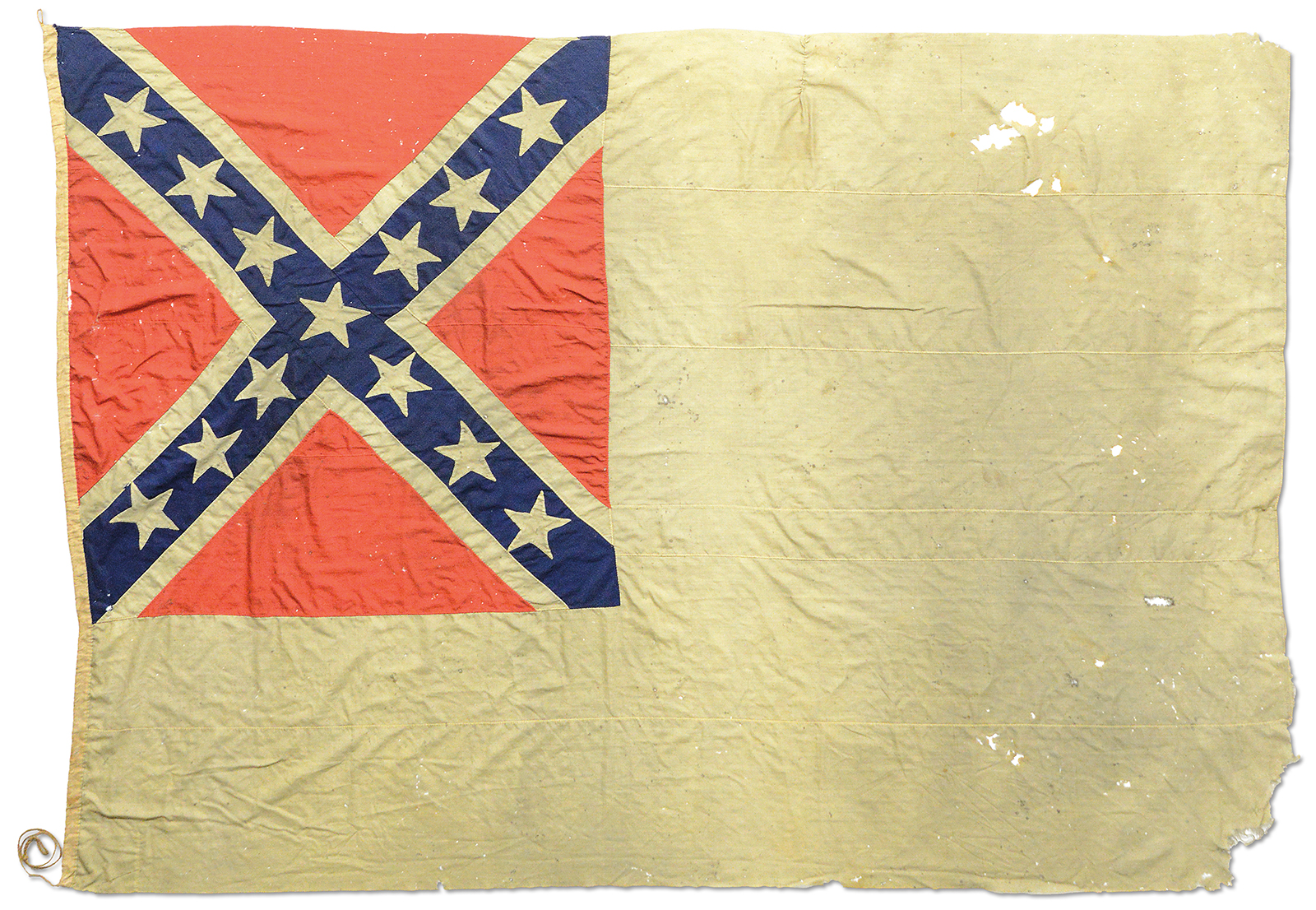 FINE AND HISTORIC CONFEDERATE 2ND NATIONAL NAVAL FLAG CAPTURED BY THE 121ST NEW YORK INFANTRY DURING THE CIVIL WAR.