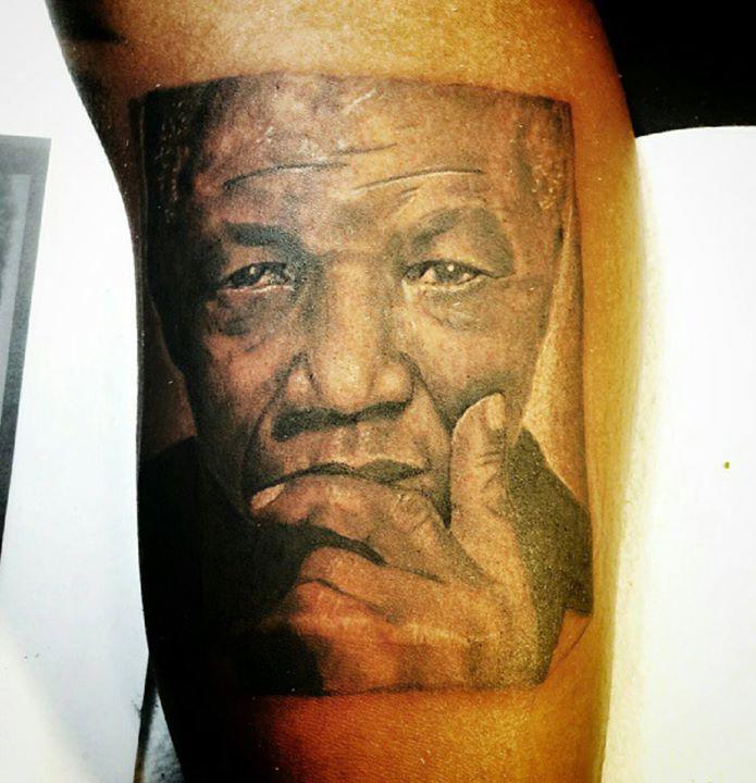 Black and Gray Nelson Mandela Photo Realism Tattoo