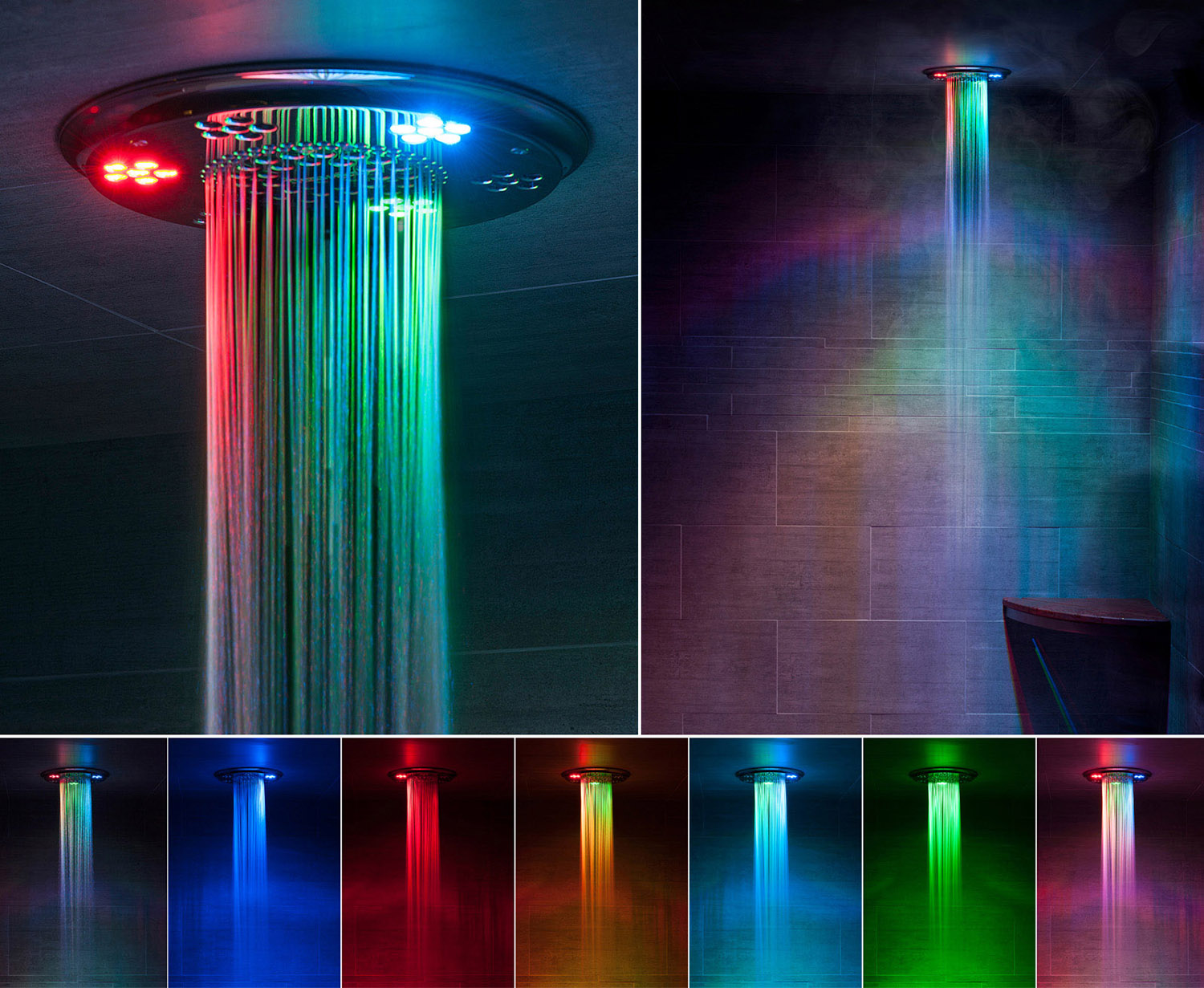 ThermaSol’s Serenity Light, Sound, Rain Head provides a unique combination of LED color mixes to create different ambiances, shower lighting + sound delivered via a 4-speaker ensemble, and rain spray.