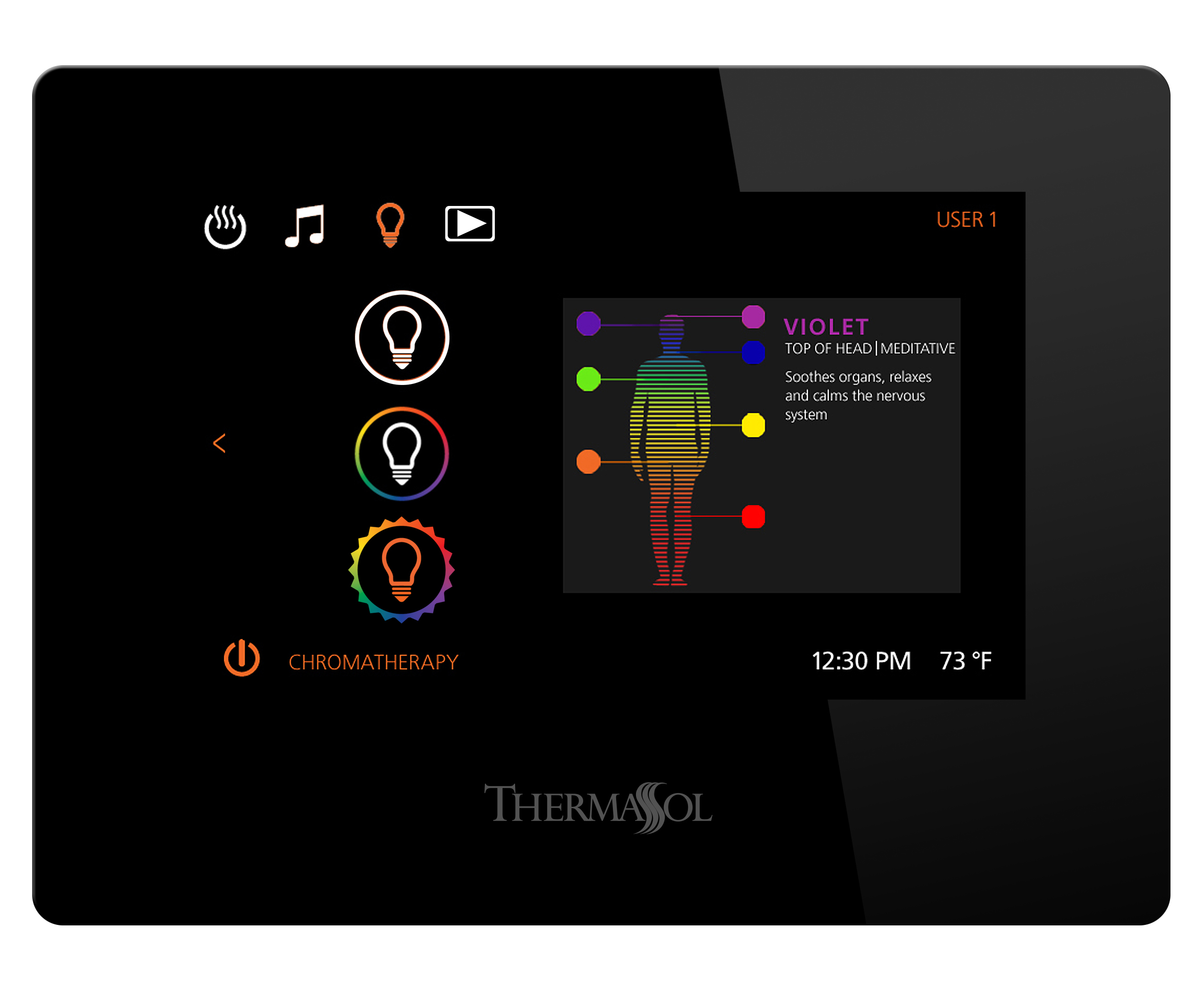 Users are able to control and benefit from ThermSol's ThermaTouch’s preset Chromatherapy mode which is based on chakras and holistic wellness practices.