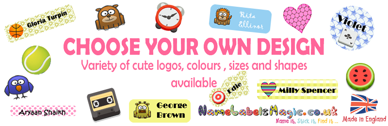 Design your custom made name labels with 100's of character icons, colours , background patterns and  fonts.