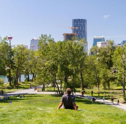 The Rise, part of the new St. Patrick’s Island park, allows green space for contemplation and views of downtown Calgary and the Bow River. (Photo courtesy Civitas Inc.)