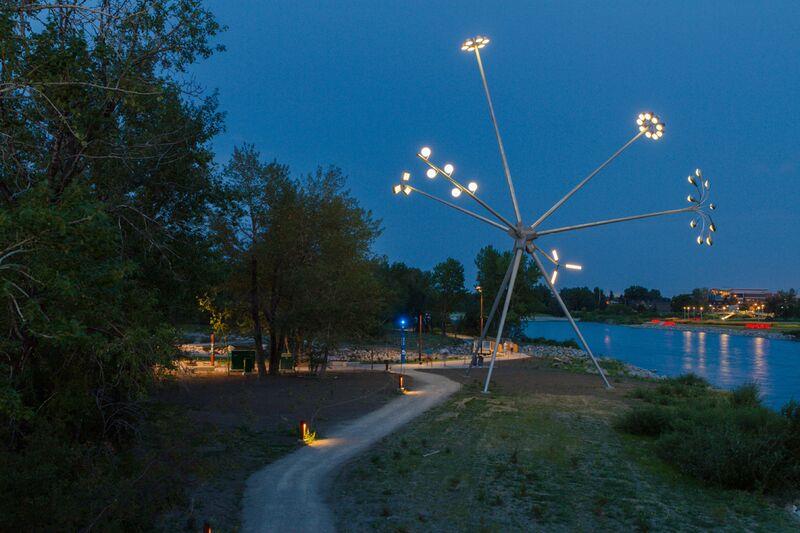 A towering flower sculpture assembled from streetlights, “Bloom” by Canadian artist Michel de Broin was installed on the island through CMLC’s Art in the Public Realm program. (Photo courtesy CMLC)