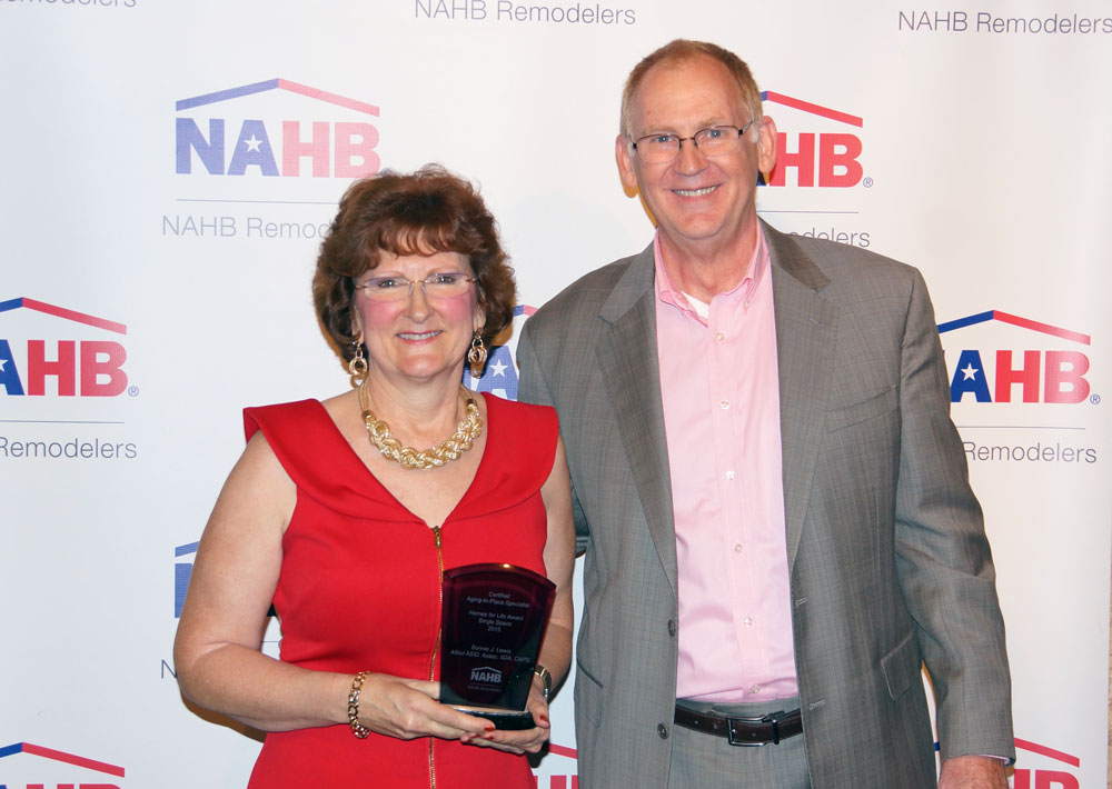 Lewis was awarded the “Homes for Life” award from the National Association of Home Builders (NAHB) Remodelers for her work in using interior design to adapt current living spaces for Baby Boomers.