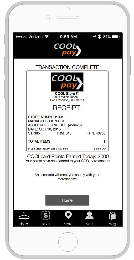 For an in-store purchase, OmnyPay displays a receipt and can informs customer that an associate will provide them with their purchase.
