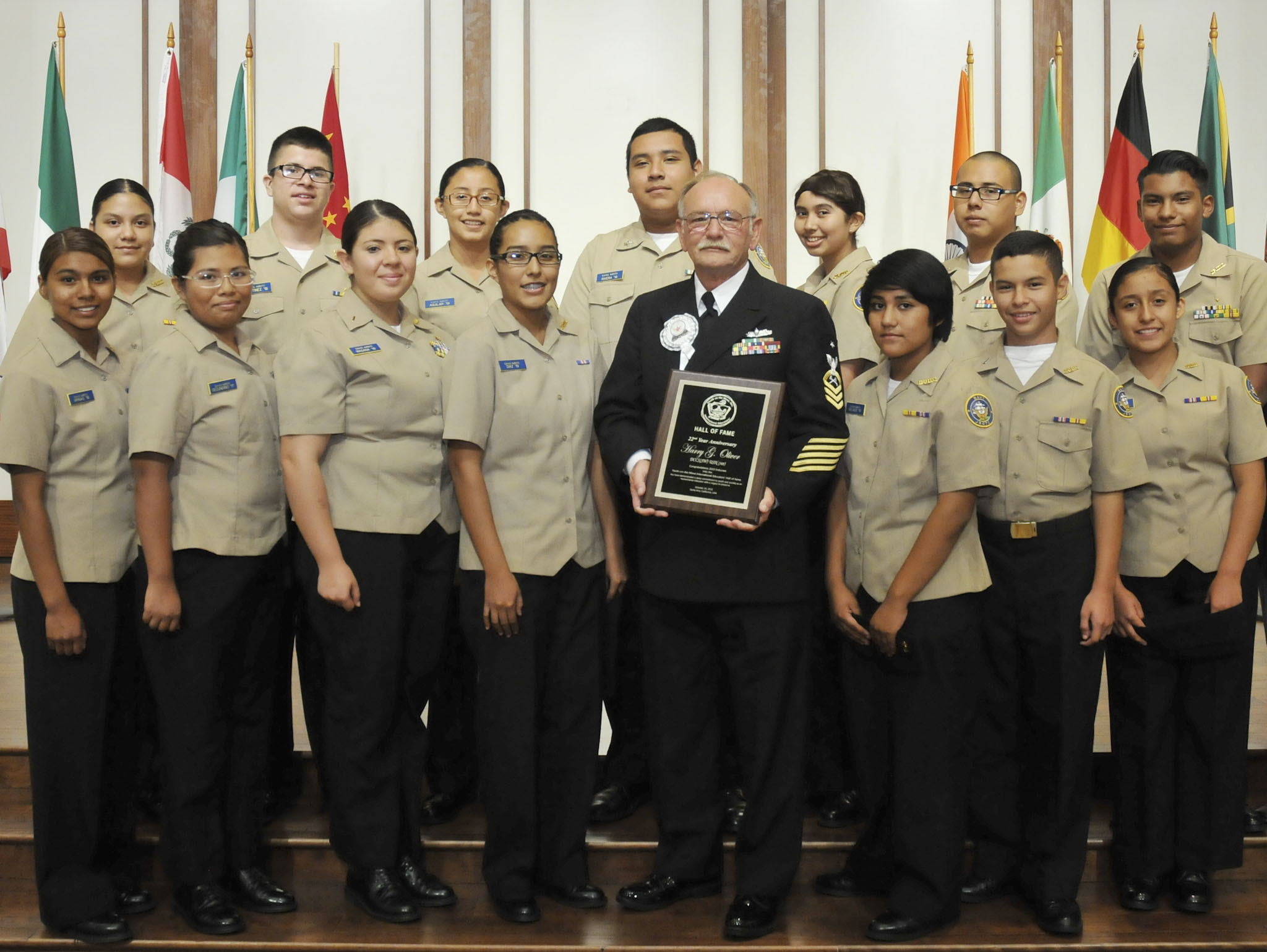 Inductee Harry G Oliver with the Santa Ana NJROTC which he has instructed for the past 19 years