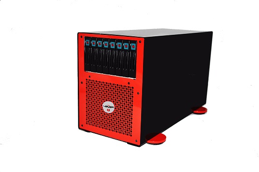 JMR four slot desktop Thunderbolt 2 to PCIe expander with an internal hardware (6Gb/s SAS) RAID controller and an 8-bay disk-ready RAID array for working storage
