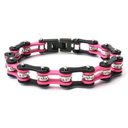 Black & Pink Bike Chain Bracelet with Crystals