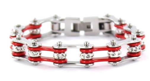 Silver & Red Bike Chain Bracelet with Crystals