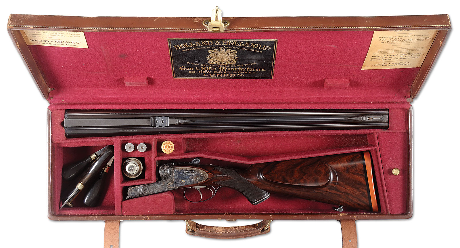 Golden Age Holland & Holland Royal Deluxe Hammerless Ejector Double Rifle Nitro Express made for his Highness Sir Ranjit Singhji; estimated at $60,000-100,000, sold for $115,000.