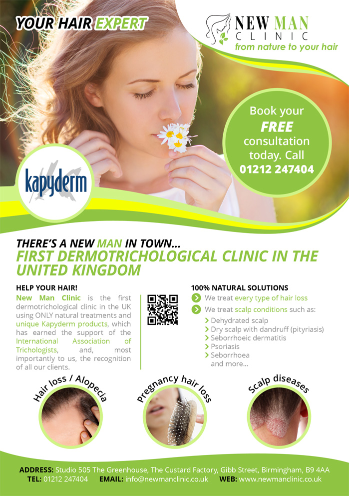 New Man Clinic Kapyderm - first dermotrichological clinic in the UK. "Your Expert" Kapyderm products & treatments section - Flyer