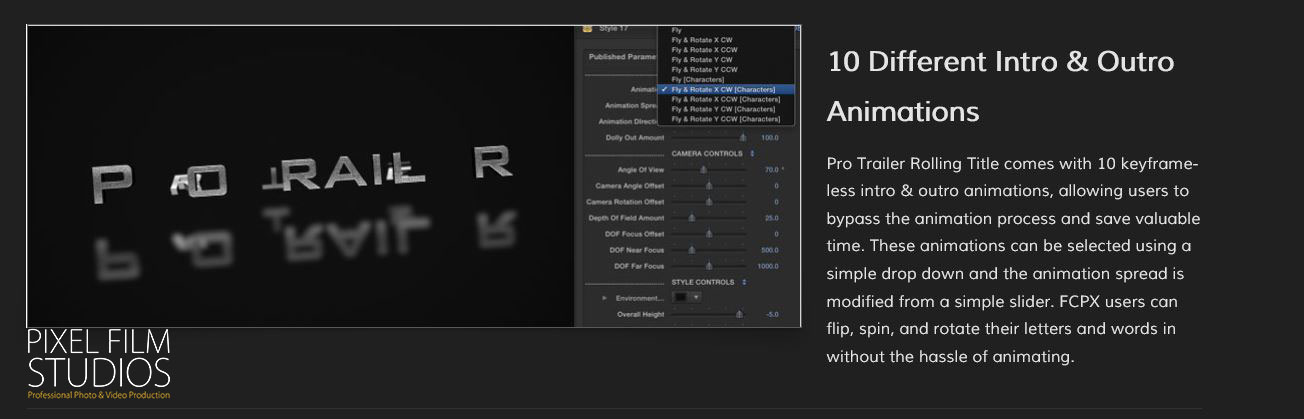 Final Cut Pro X ProTrailer Rolling Title Plugin from Pixel Film Studios.