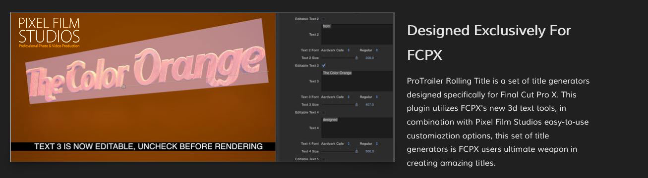 Pixel Film Studios ProTrailer Rolling Title Plugin.