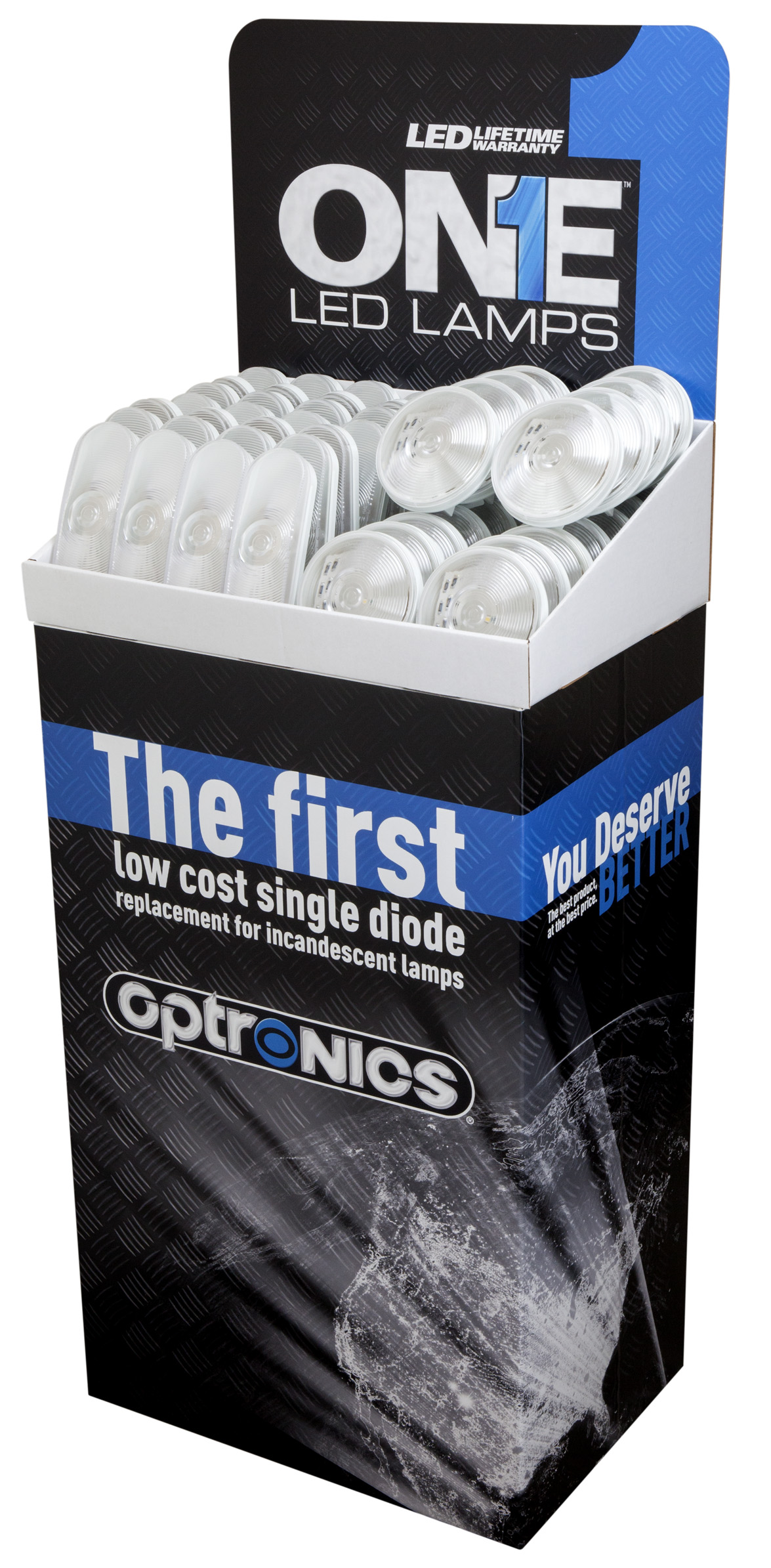 ONE LED Lamps of all kinds can be seen in point-of-purchase displays throughout Optronics’ North American distribution network.