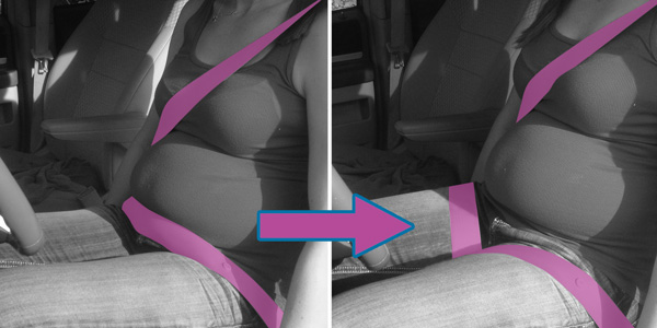 The seat belt without and with the Tummy Shield.