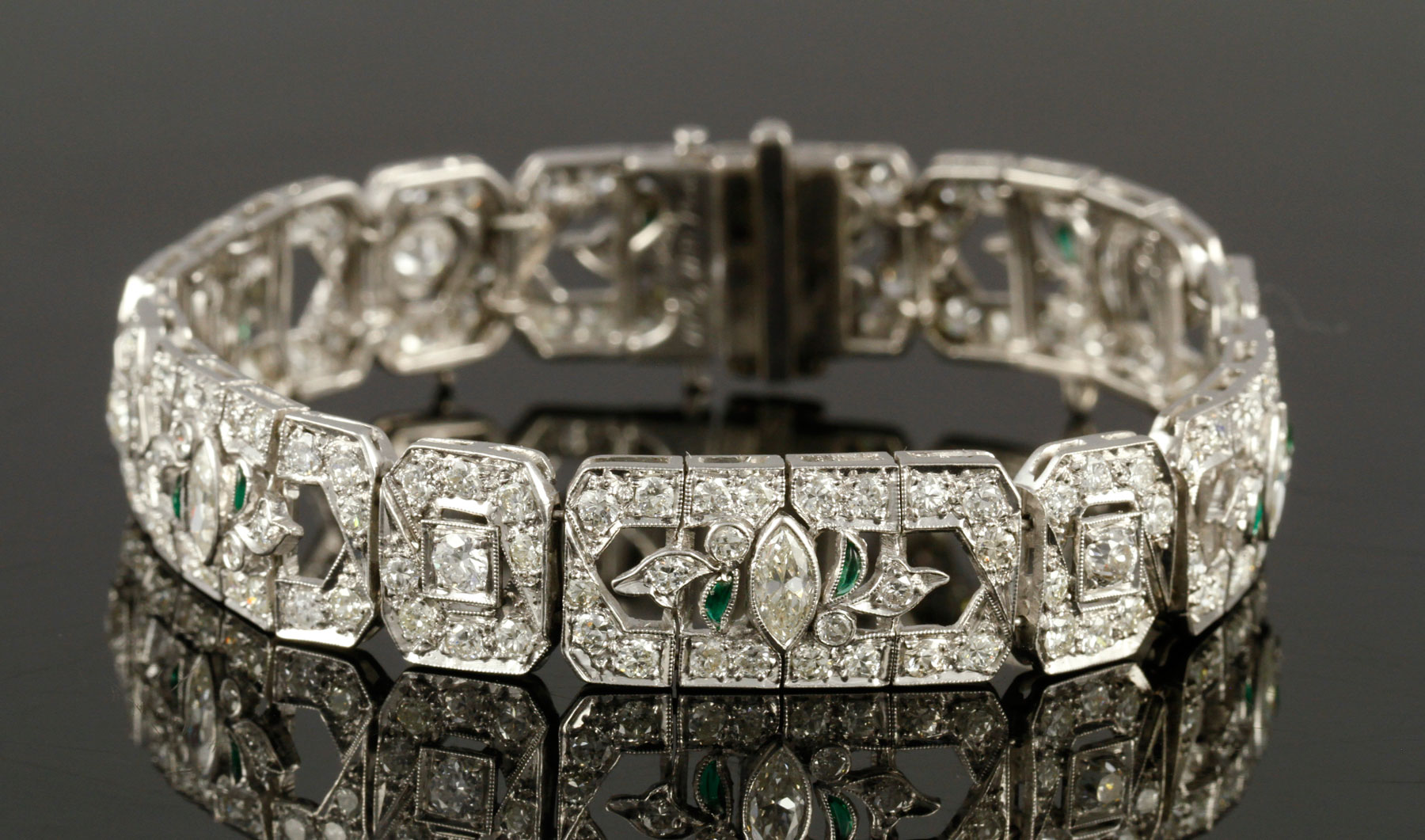Platinum, Diamond and Emerald Bracelet