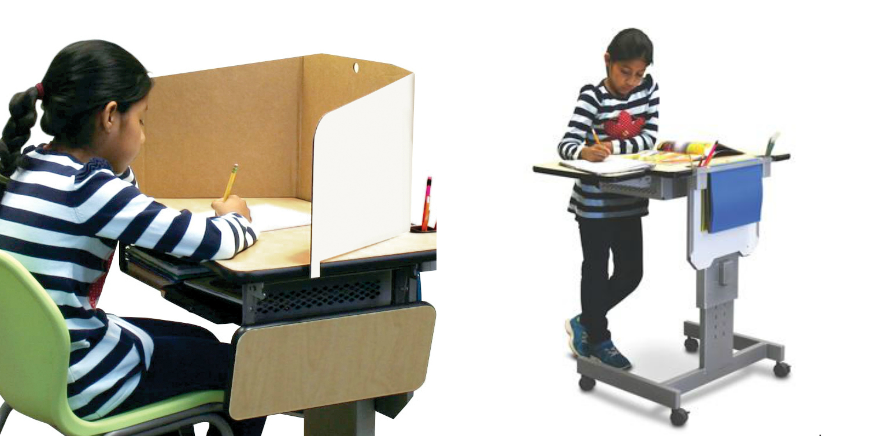 The Focus Desk from The Marvel Group allows children to move from sitting to standing without asking for help or disrupting other students.