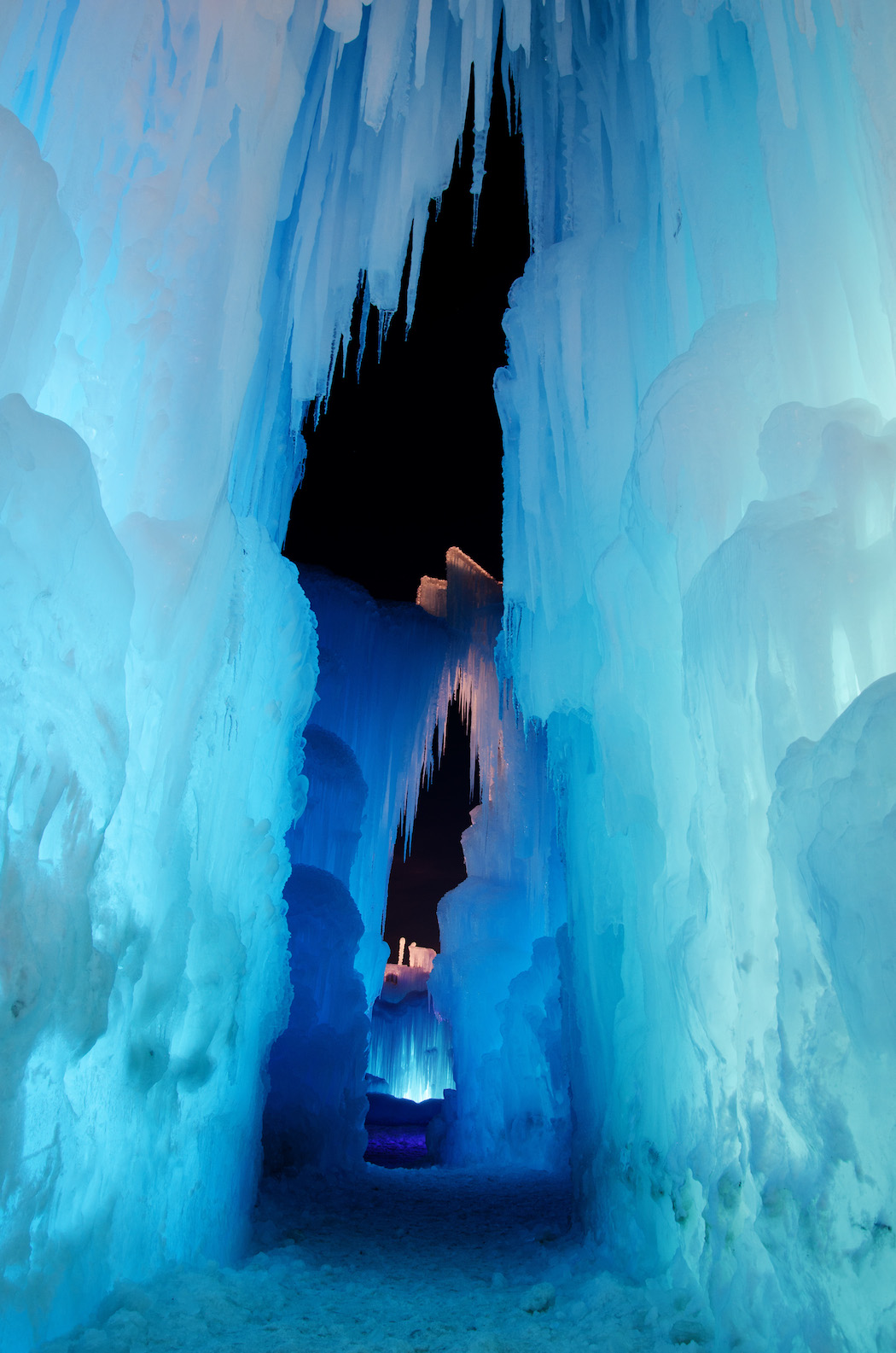 The Midway, Utah Ice Castle features an amazing light show set to music at night.