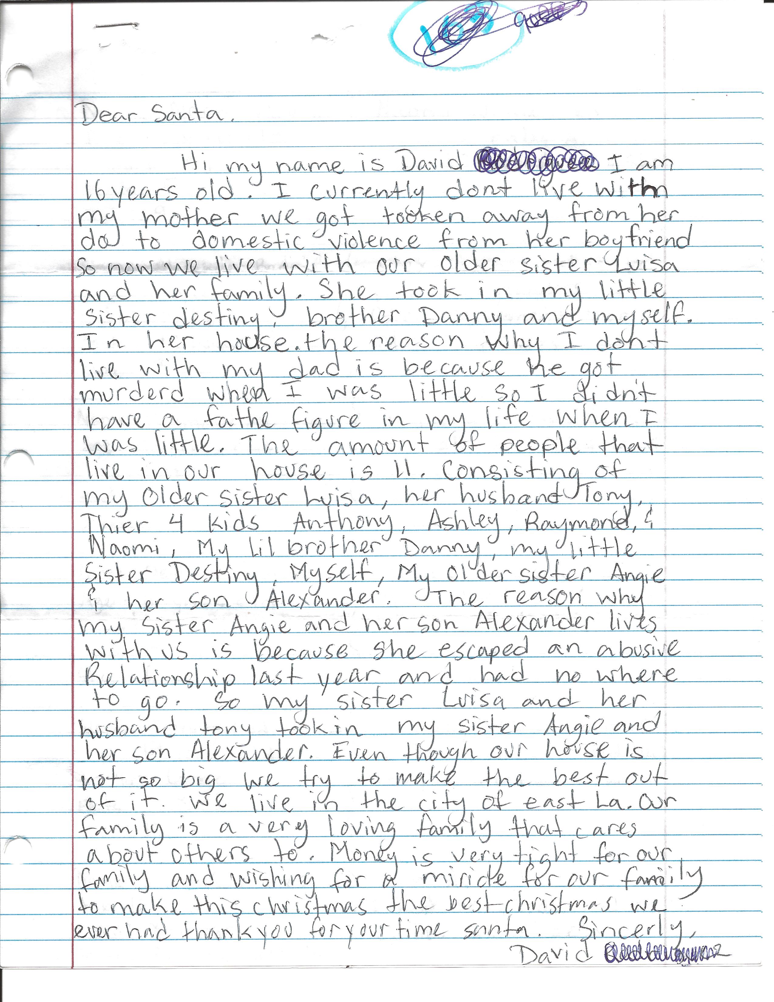 This moving letter was chosen for adoption by a BeAnElf.org volunteer.