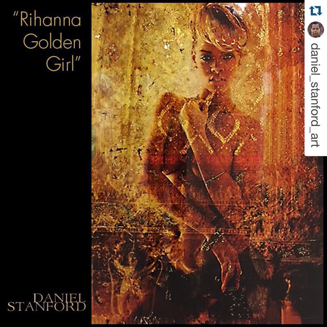 Artist Daniel Stanford -Rihanna Golden Girl (eng.) La Belle en Or (french). Mixed media, archival print with Swarovski Crystals, acrylic paint, gold leaf, gliter acrylic encased in resin on wood panel