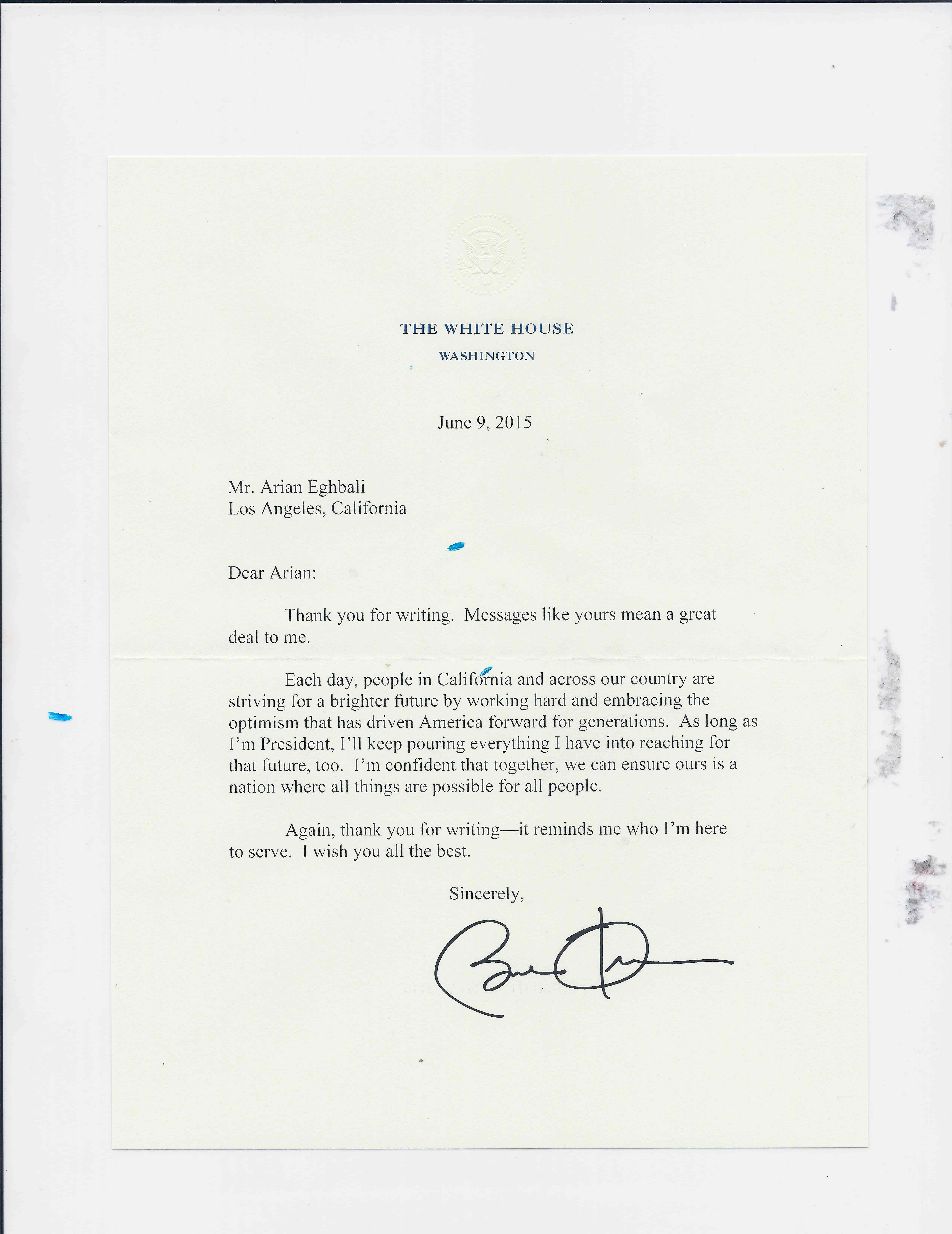 President Obama's letter to Mr. Arian Eghbali
