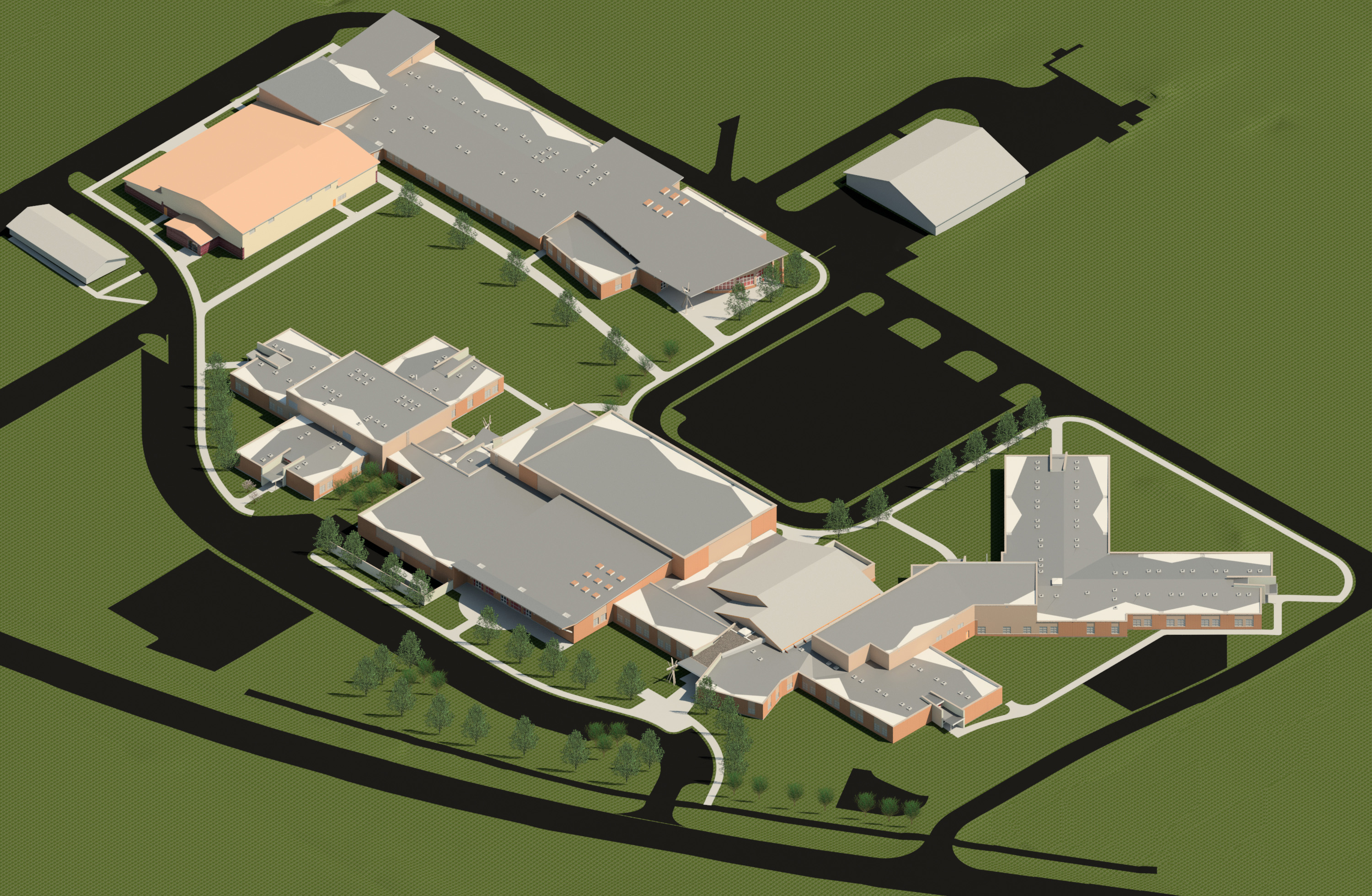 Axon of Fort Washakie K-12 school campus design by Jackson Hole architects Ward + Blake with Fanning/Howey Associates. (Courtesy of Ward + Blake Architects)