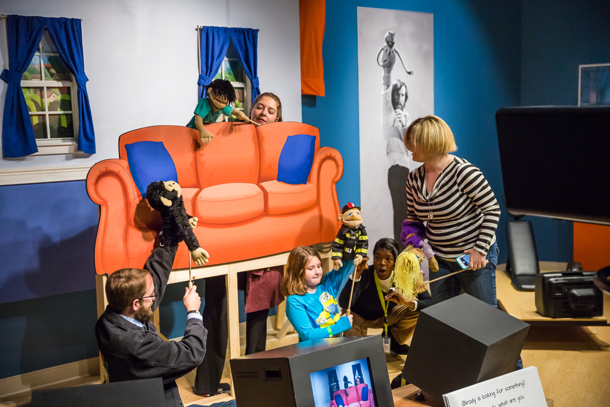 A mock television studio allows guests to improvise their own puppet shows on stage