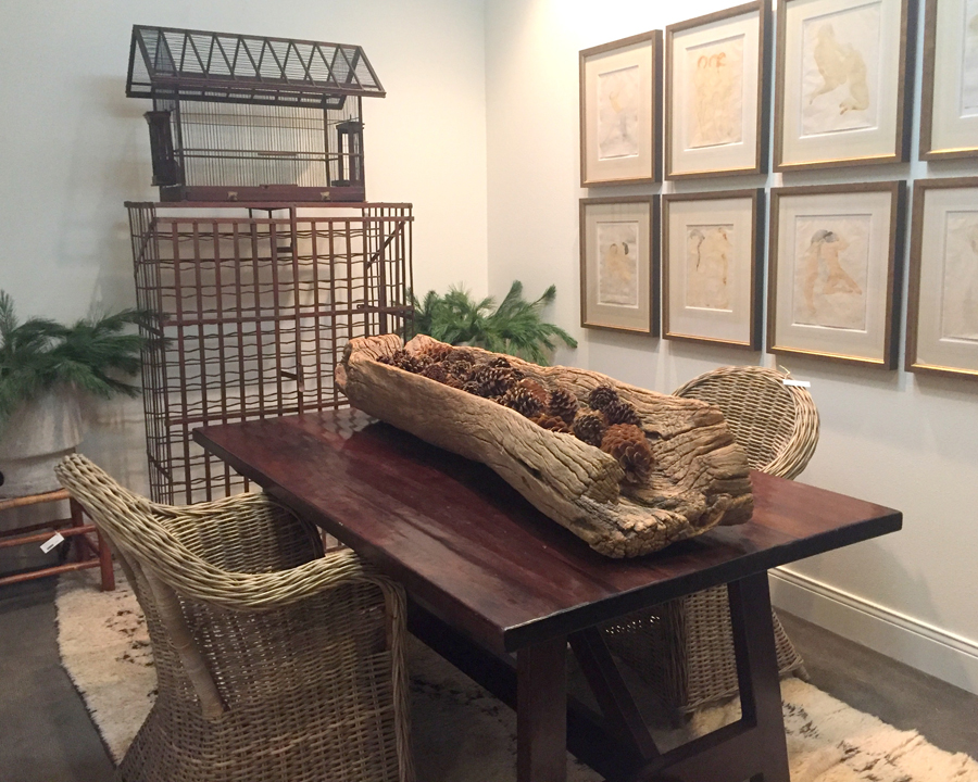 WRJ Design’s new WRJ Rustic showroom in Jackson, Wyoming, highlights such special individual pieces as an Asian antique trough and a vintage Philadelphia bird house.