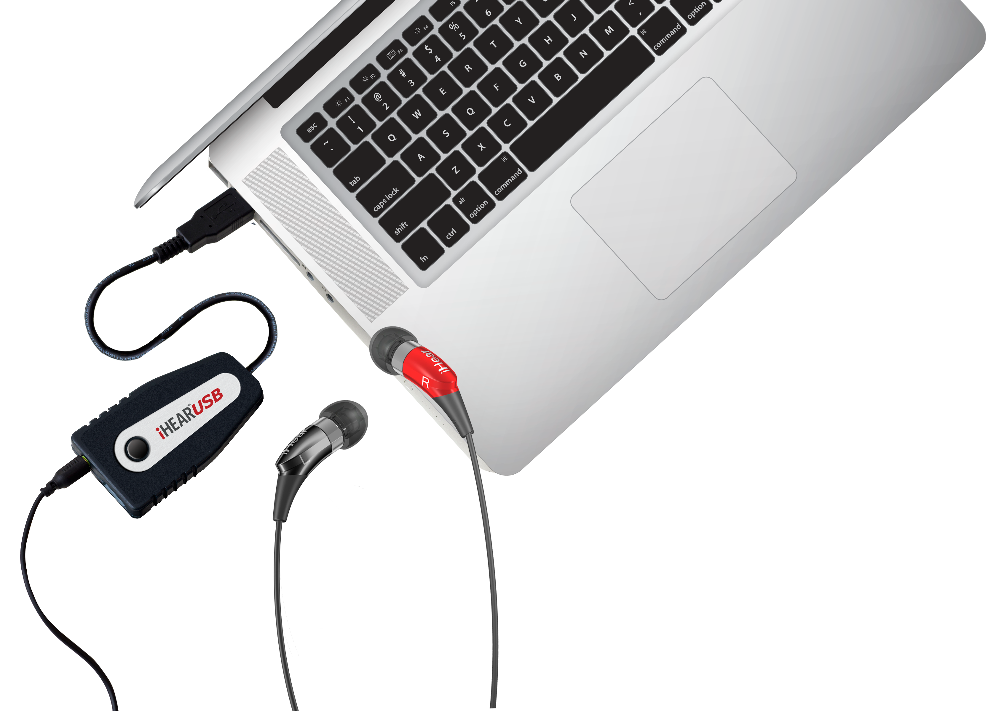 The iHearTest kit plugs into the USB port of a PC or Mac and is easy to use with iHear's online web-enabled hearing test.
