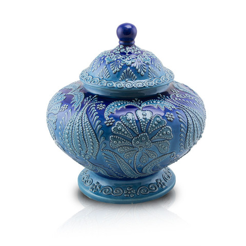 Unique ceramic cremation urn 100% handmade in Turkey with intricate floral filigree designs.
