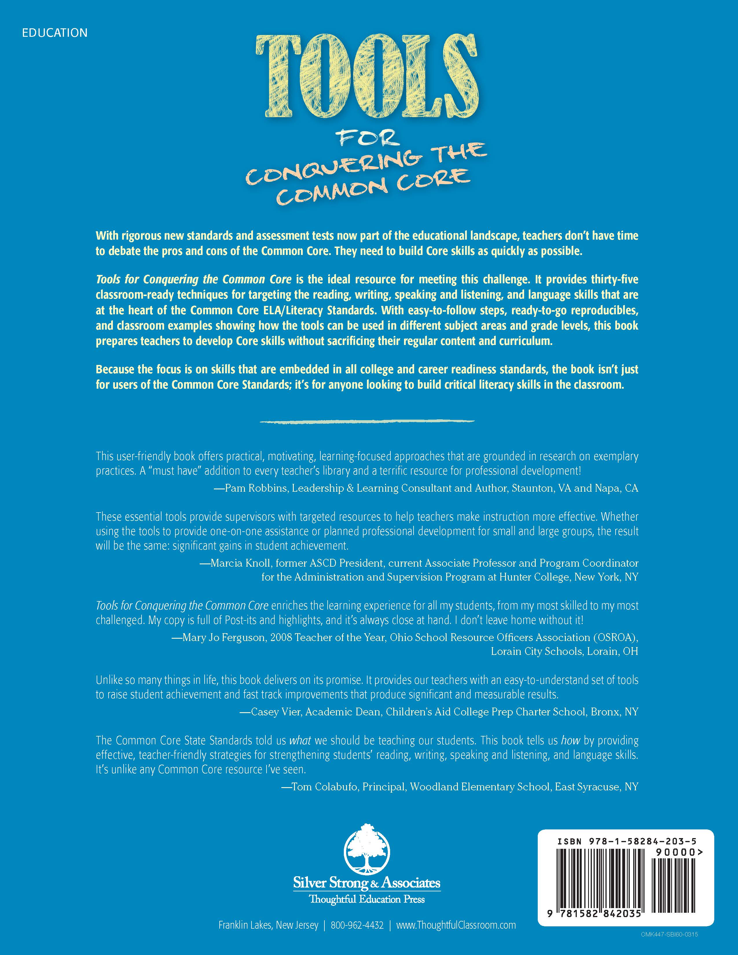 Tools for Conquering the Common Core (back cover & testimonials)