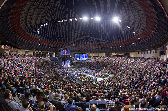 A crowd of about 11,000 packs the Liberty University Vines Center on Jan. 18, 2016 for a Convocation featuring Donald Trump.