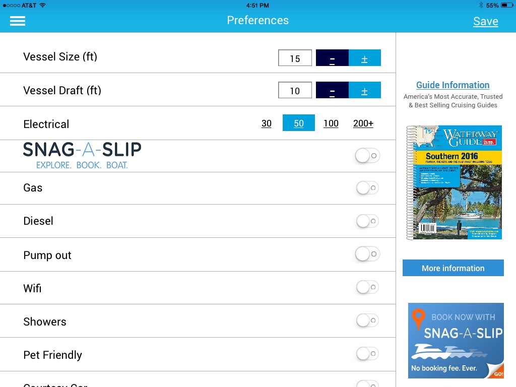 Tablet View: Snag-A-Slip Preference Filter on Waterway Guide Mobile App