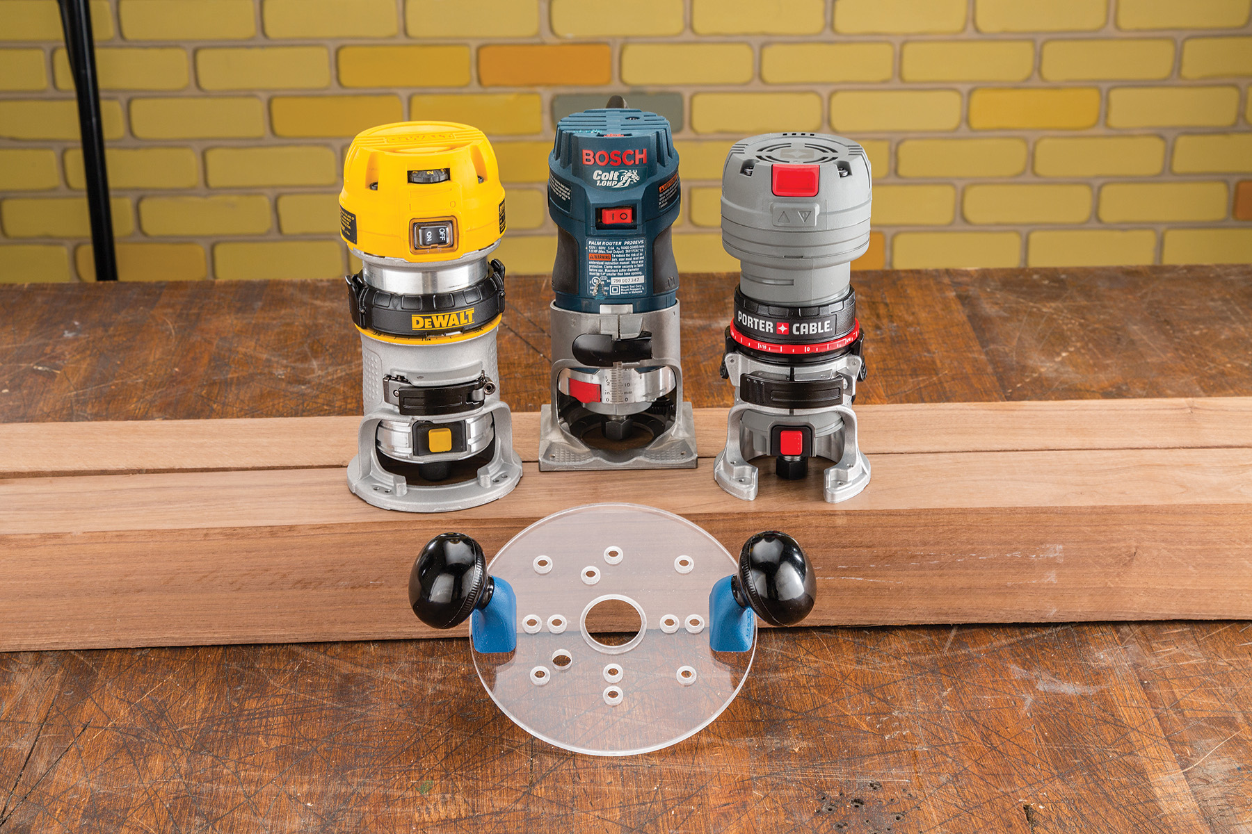 Rockler's Compact Router Sub-base is predrilled for quick mounting to the fixed bases of the most popular Bosch, DeWalt and Porter-Cable compact routers.