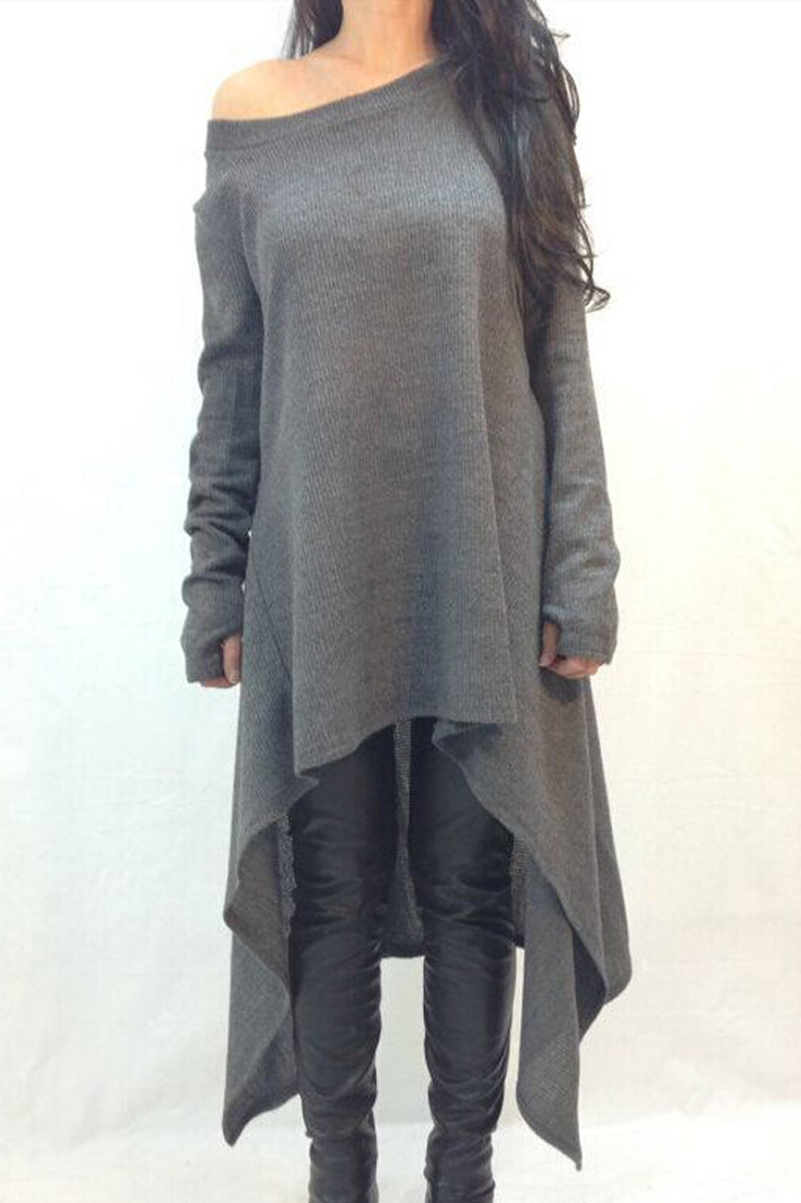 Deep Grey Long Sleeve Asymmetrical Knit Dress