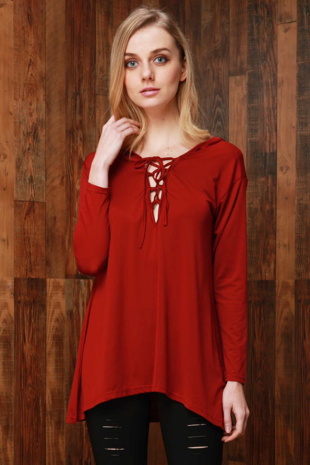 Solid Color Lace-up Front Long Sleeve Hooded Tee
