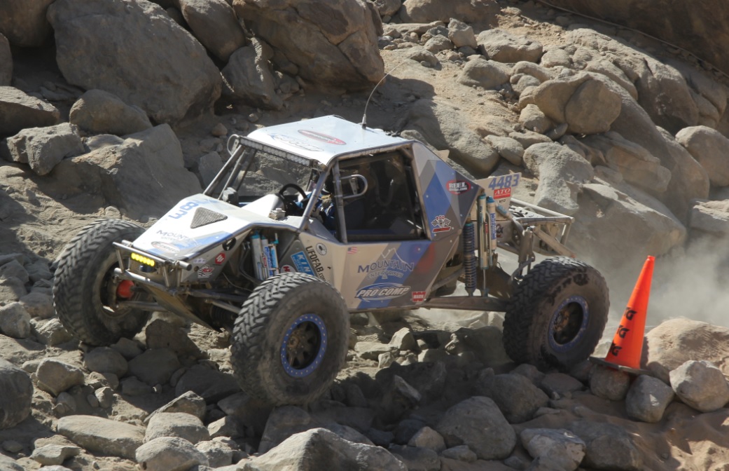 Raul Gomez takes on the rocks of the Johnson Valley lakebed.